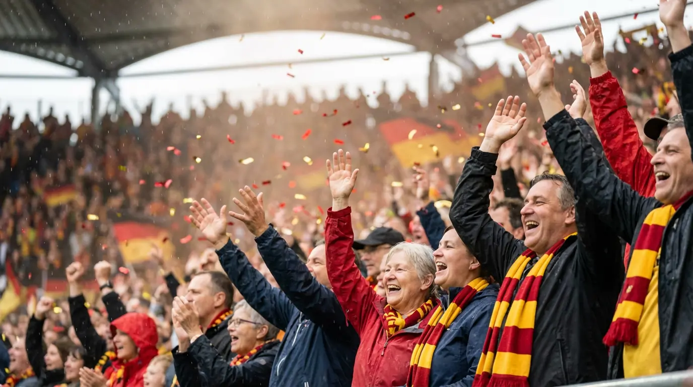 Aficionados en estadio de la Bundesliga celebrando un gol