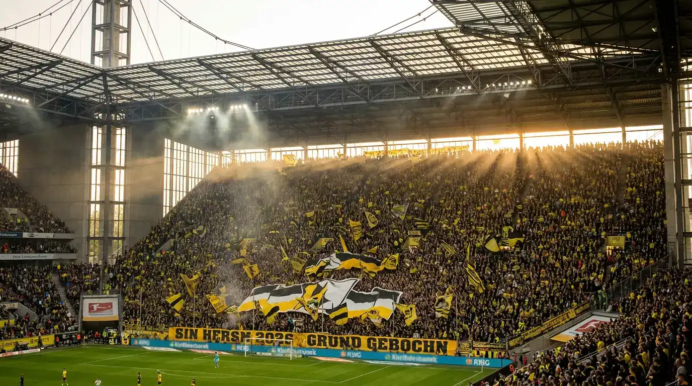 Panorámica del Signal Iduna Park con la Südtribüne llena de aficionados del Borussia Dortmund